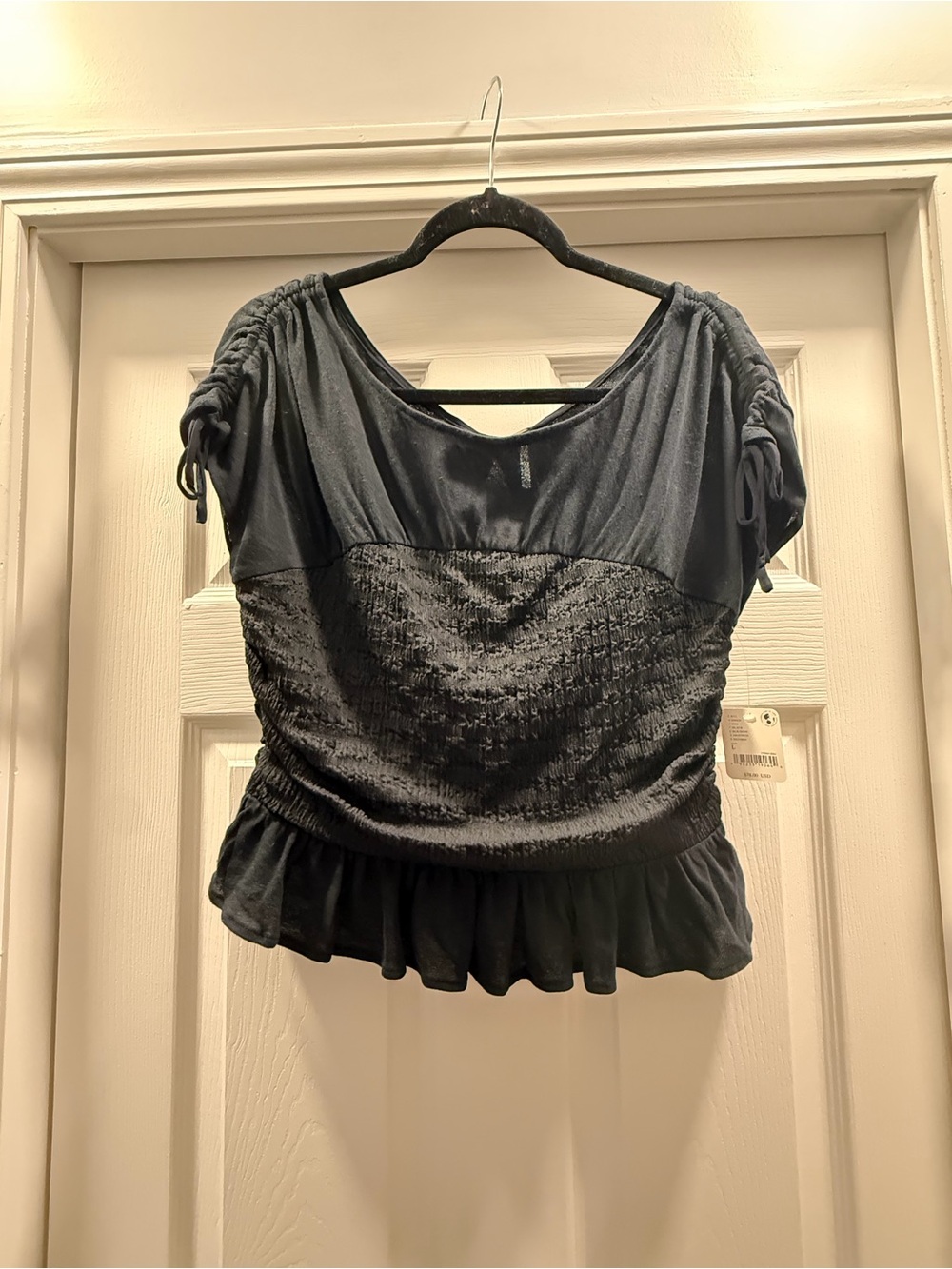 Free People Black Ruched Sleeve Peplum Top - L